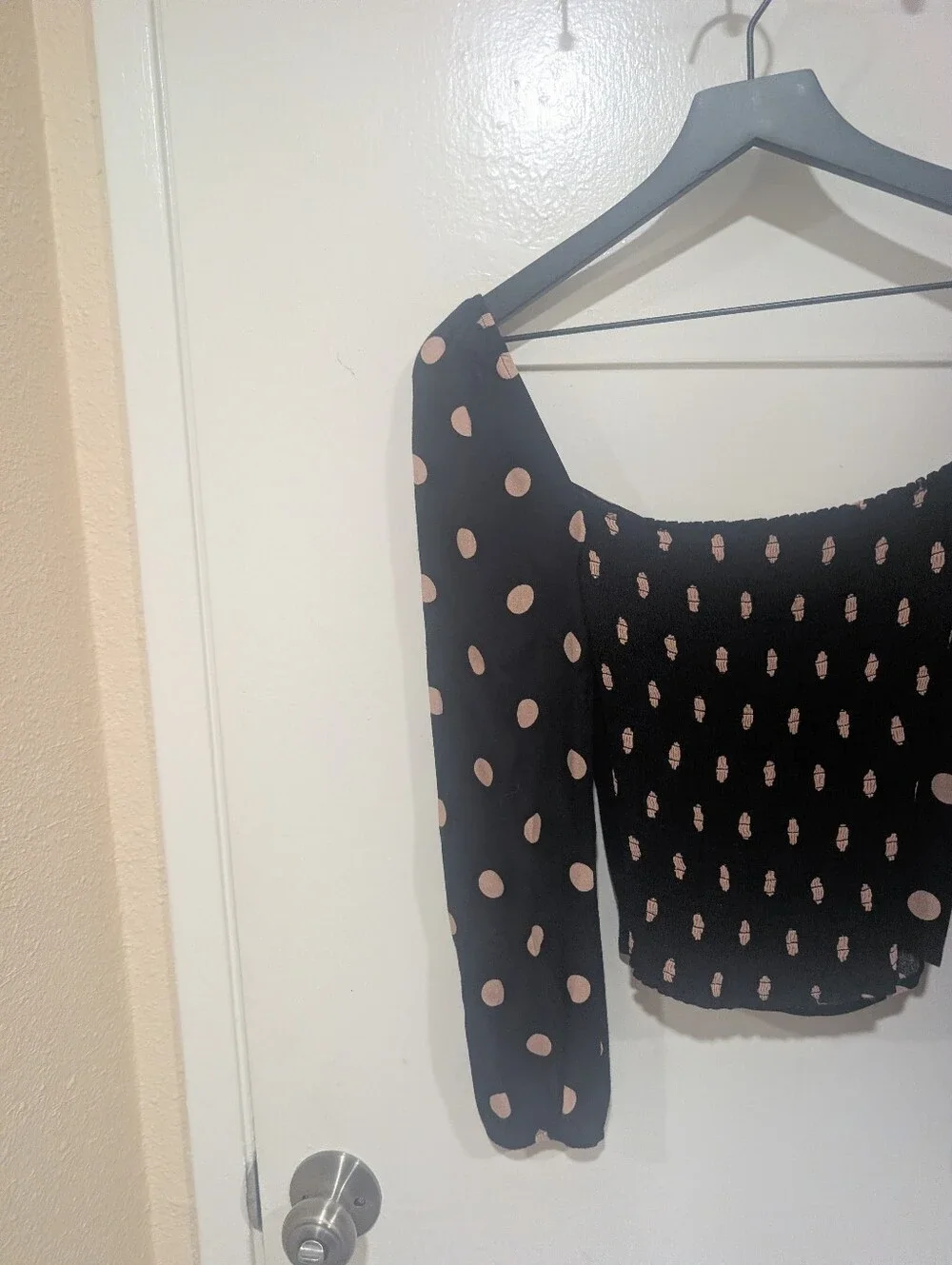 Reformation Black And Pink Polka Dot Smocked Top